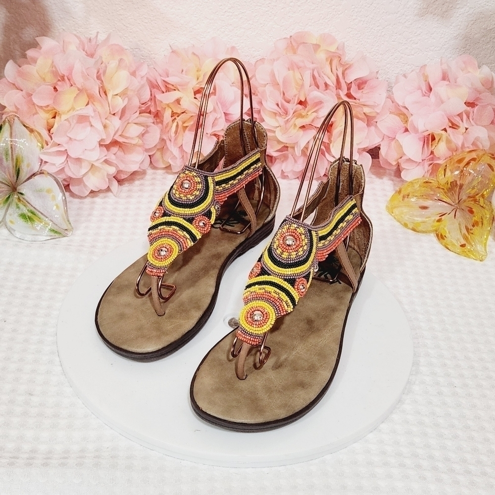 OTBT Paducah Beige Beaded Design Leather Zip Back Sandals Size 8M